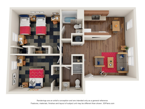Rendering of Two Bedroom Three Person Apartment Floor Plan