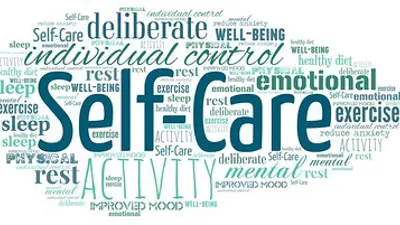 Word cloud with "Self-Care" featured prominently in the center