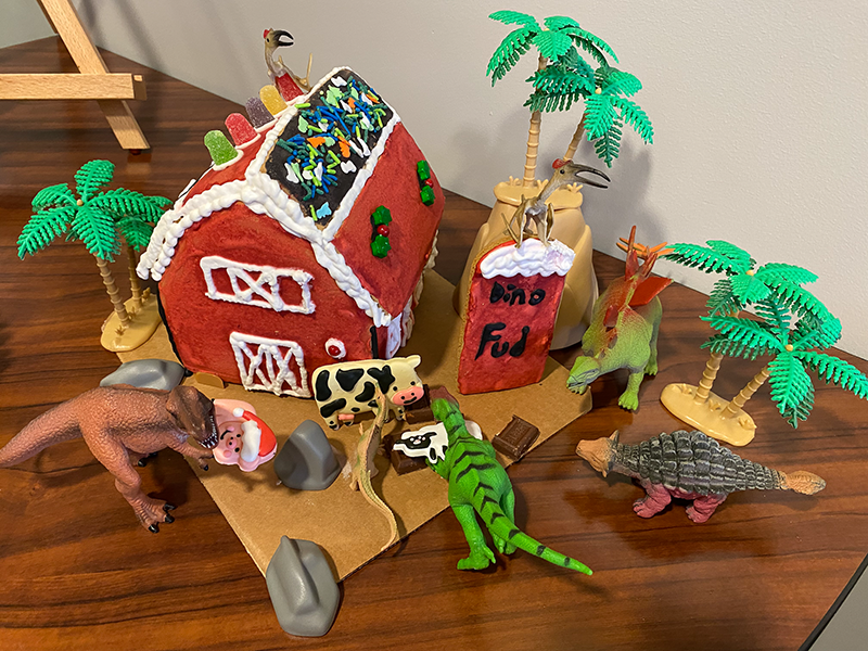 Photo of dinosaur themed gingerbread house