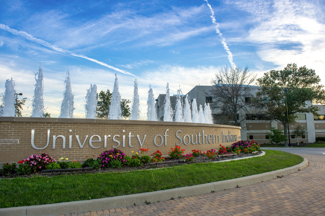 The fountain at USI's entrance