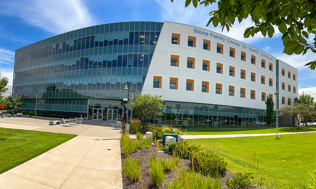 Exterior view of the Stone Family Center for Health Sciences campus in downtown Evansville