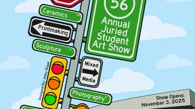 Illustration of outside of McCutchan Art Center with signpost. Various signs attached have text for different Art media