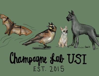 Illustration of a bat, a bird, and two dogs with the text Champagne Lab USI est. 2015