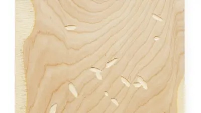 Artwork by Sheldon Till-Campbell, “Drift” carved and sanded birch panel, (2023) 12 x 16”