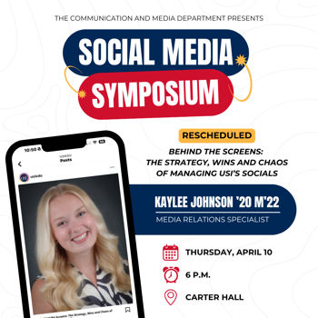 Graphic Social Media Symposium flyer with a photo of speaker Kaylee Johnson