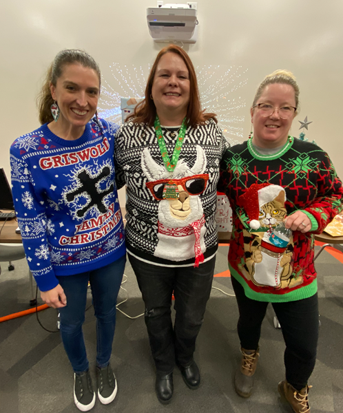 Three finalists in ugly sweater contest