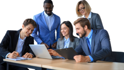 Individuals in professional attire circle around a laptop during a discussion