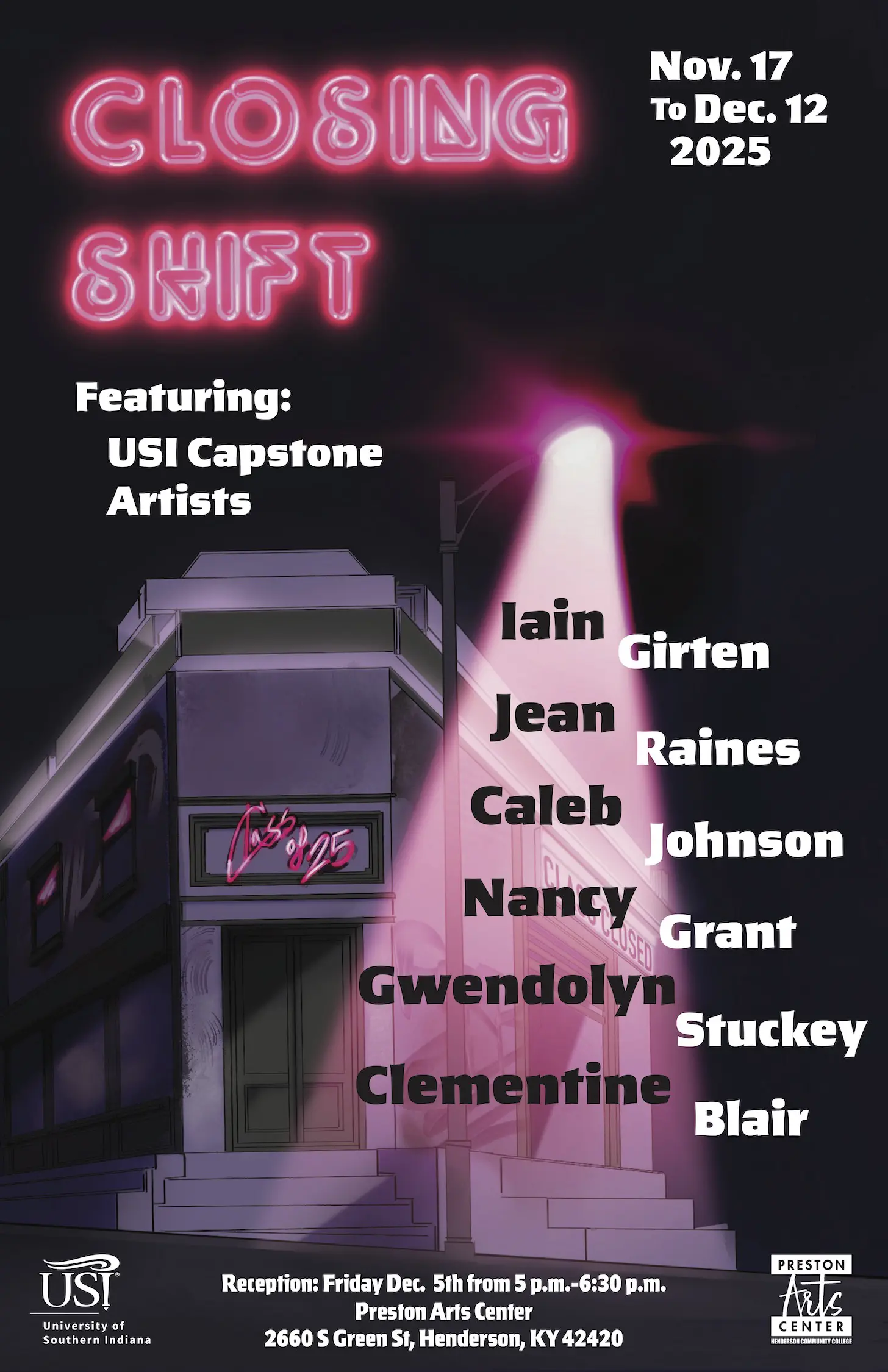 Spring 2023 Senior Exhibition Poster with dates and participant names in bright colors on black.