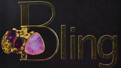Exhibition postcard for "Bling", art jewelry from the collection of Doris Murdoch