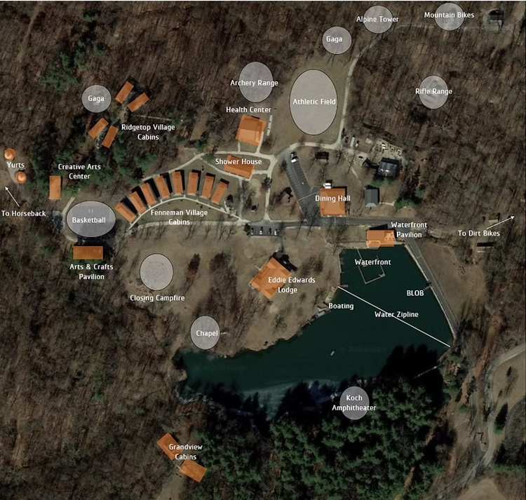 The image is a bird's eye view of Camp Carson's property and includes labels for each building and activity available on site.