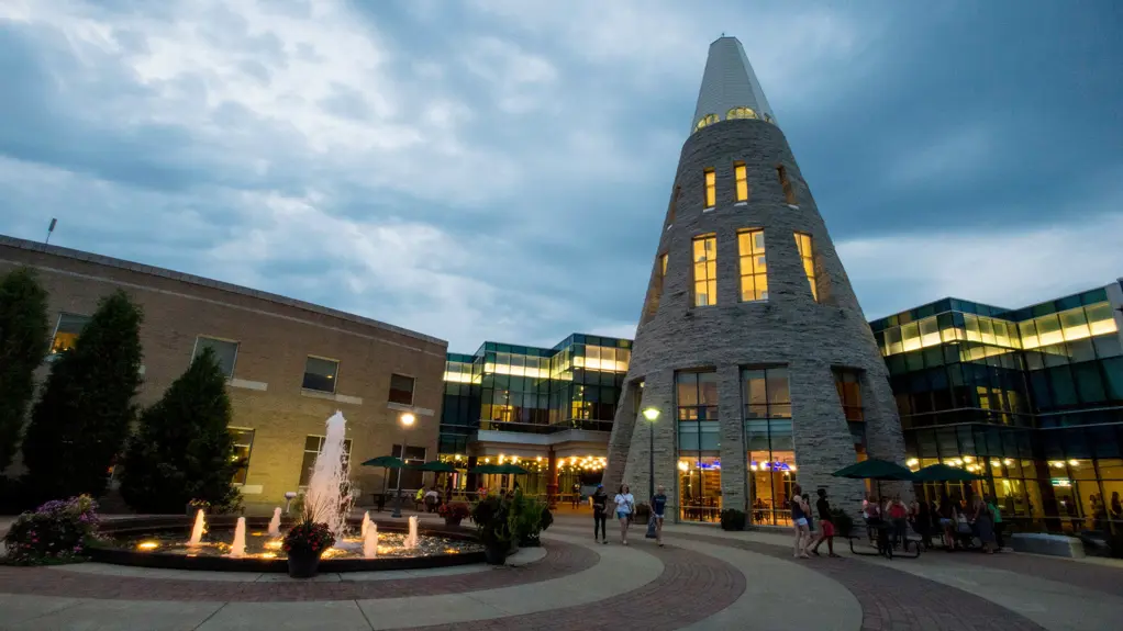Photo of the University Center at night with a fountain