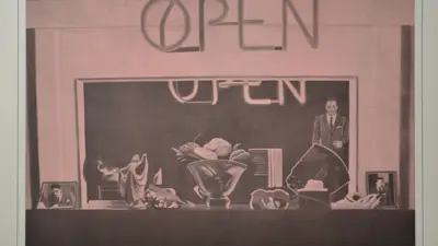Artwork of an "open" sign by Kathryn Waters as part of her "Lush Life" exhibition
