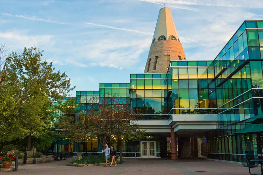 Exterior view of University Center mezzanine and the University Tower facing southeast