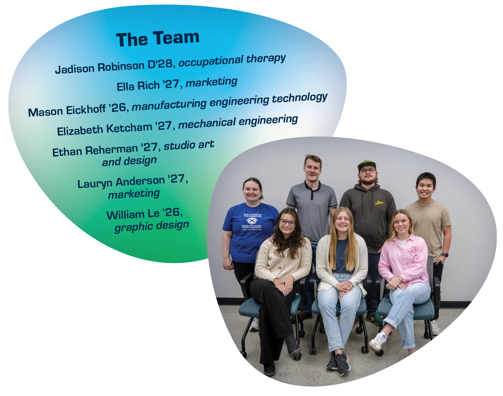 Group photo of the student team. From left: Jadison Robinson, Ella Rich, Mason Eickhoff, Elizabeth Ketcham, Ethan Reherman, Lauryn Anderson and William Le